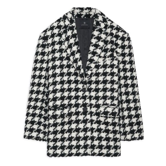 NWT Anine Bing Quinn brushed houndstooth tweed blazer sz L black white Jacket - Picture 1 of 8